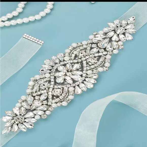 Rhinestone Pearl Beaded Bride Bridal Belt Wedding Dress Sash White Long Plus NWT - Picture 5 of 11